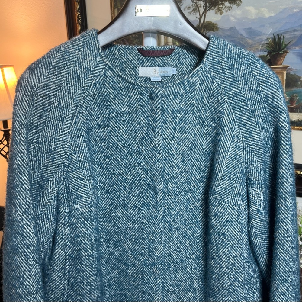 Boden Wool Alpaca Herringbone Coat Teal Blue Collarless Raglan Sleeve Size 8P - Picture 2 of 13